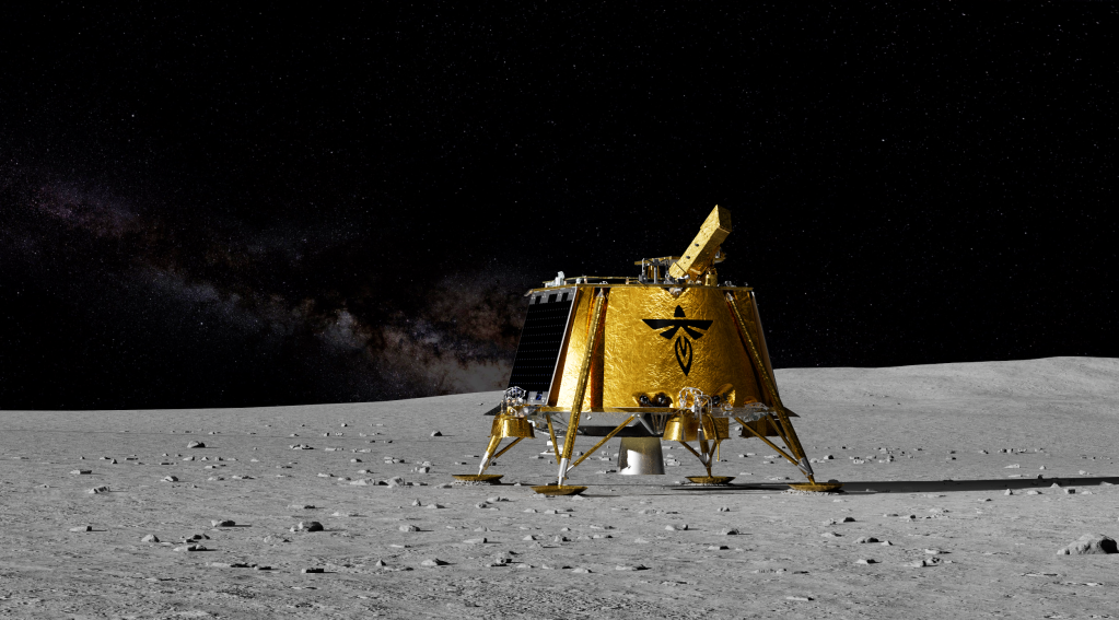 A rendering of the Blue Ghost 1 lander on the surface of the Moon. The lander is mostly covered in a reflective gold-color foil. It also has sensors and a solar panel mounted to it.