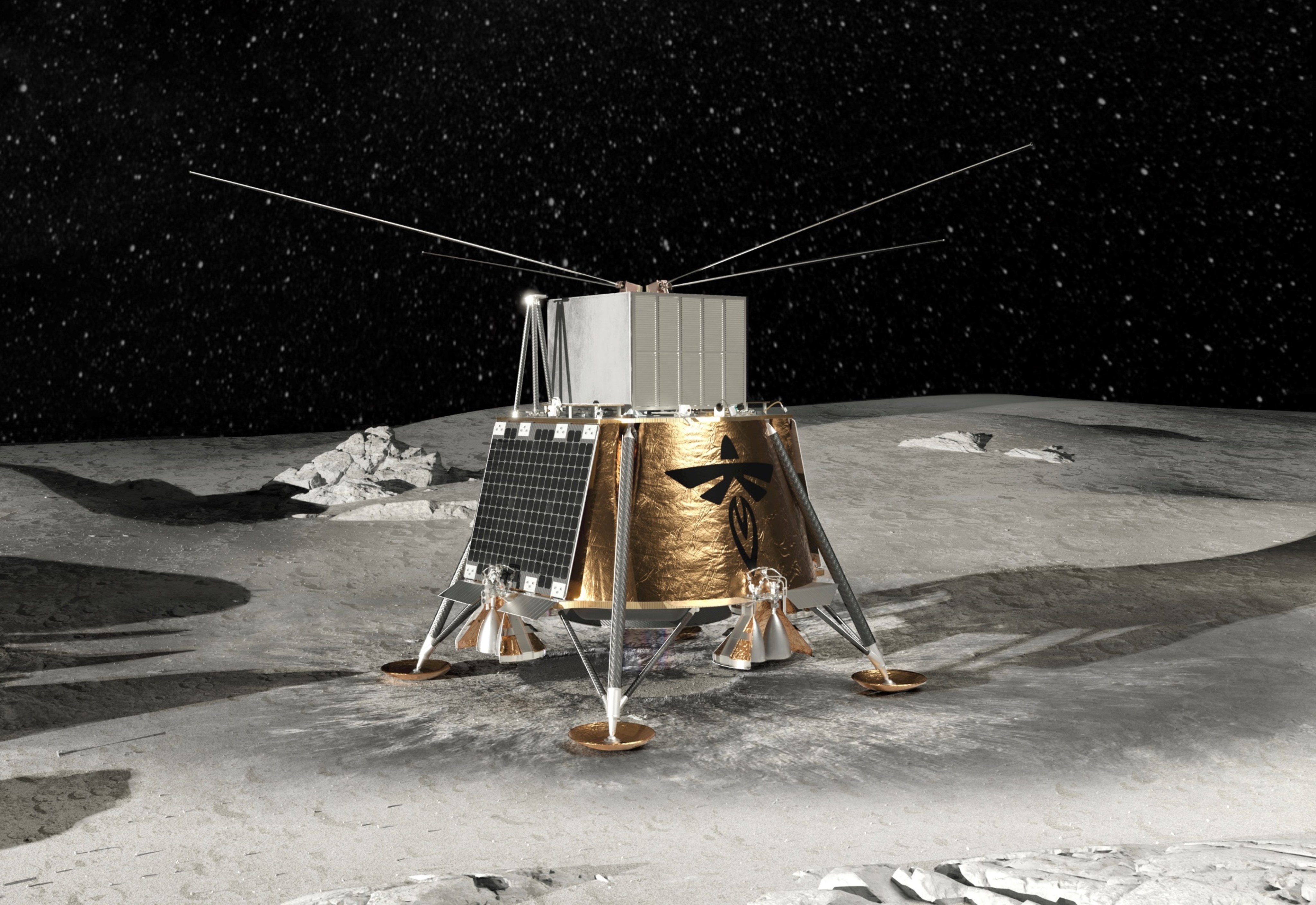 A rendering of Firefly's Blue Ghost 2 lunar lander on the surface of the Moon.