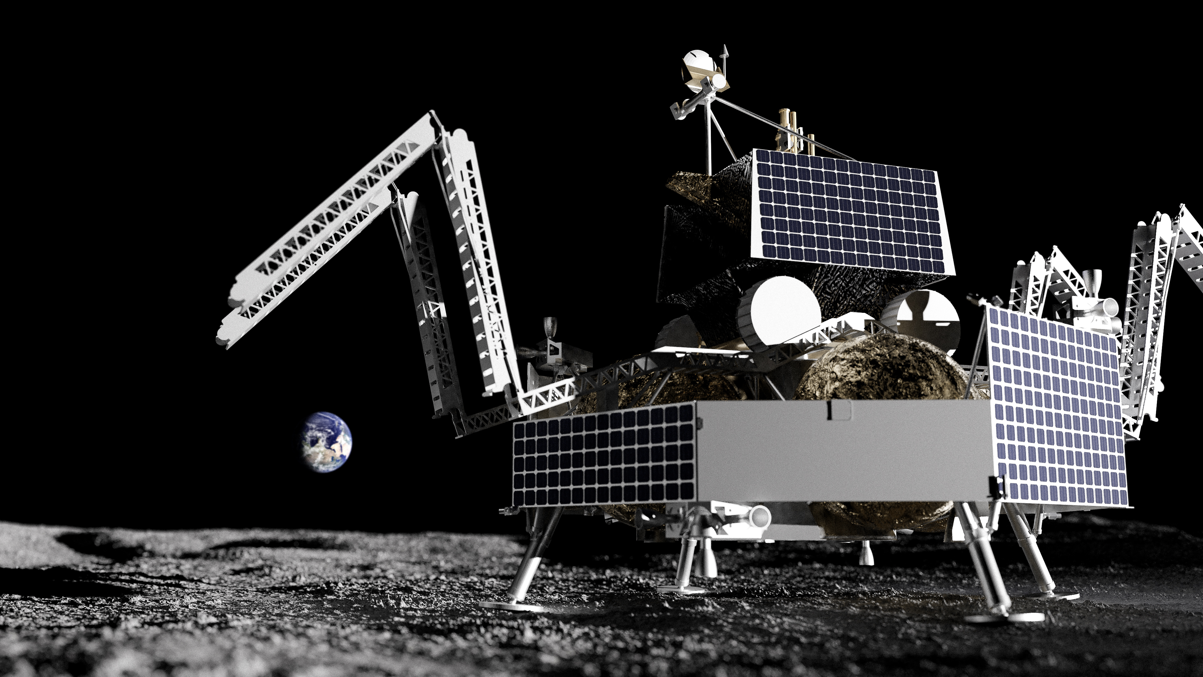 A rendering of Astrobotic's Griffin lander on the lunar surface. The VIPER rover sits on top of the Griffin lander.