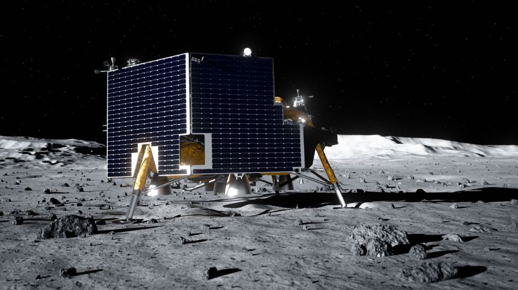 An artist's rendering of Astrobotic's Griffin lander on the surface of the Moon. The lander is large and has a boxy shape.