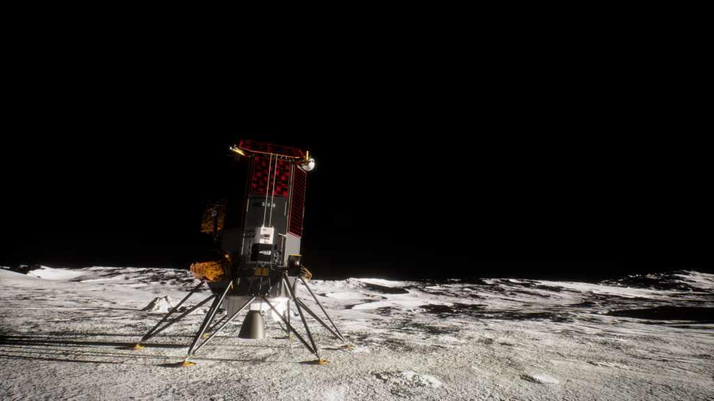 A rendering of Intuitive Machines's IM-2 lunar lander on the surface of the Moon.