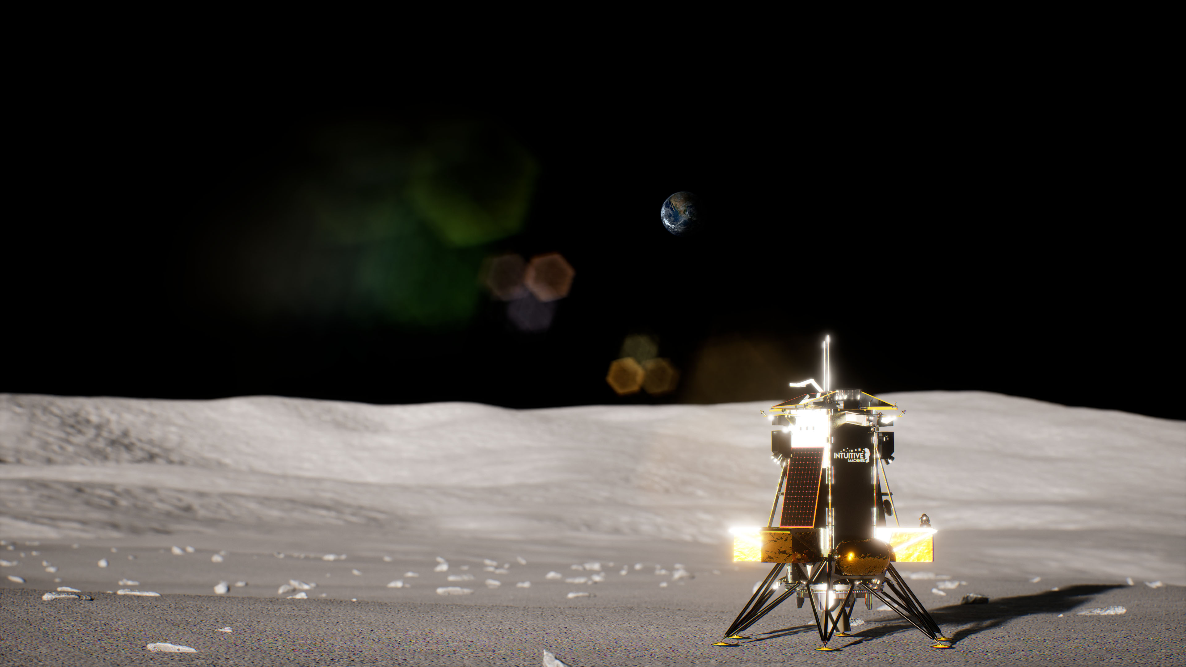 A rendering of Intuitive Machines' Nova-C IM-3 lander on the surface of the Moon.