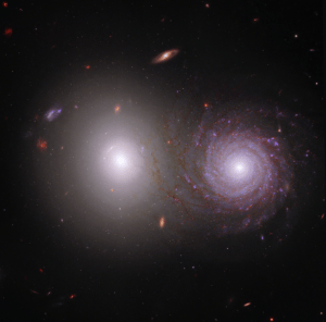 The majority of the image shows the black background of space. Two large, very bright galaxies dominate the center of the image. The elliptical galaxy at left is extremely bright at its circular core, with dimmer white light extending to its transparent circular edges. At right is a bright spiral galaxy. It also has a bright white core, but has red and light purple spiral arms that start at the center and turn clockwise going outward. They end in faint red and appear to overlap the elliptical galaxy at left. Throughout the scene are a range of distant galaxies, the majority of which are very tiny and red, appearing as splotches.