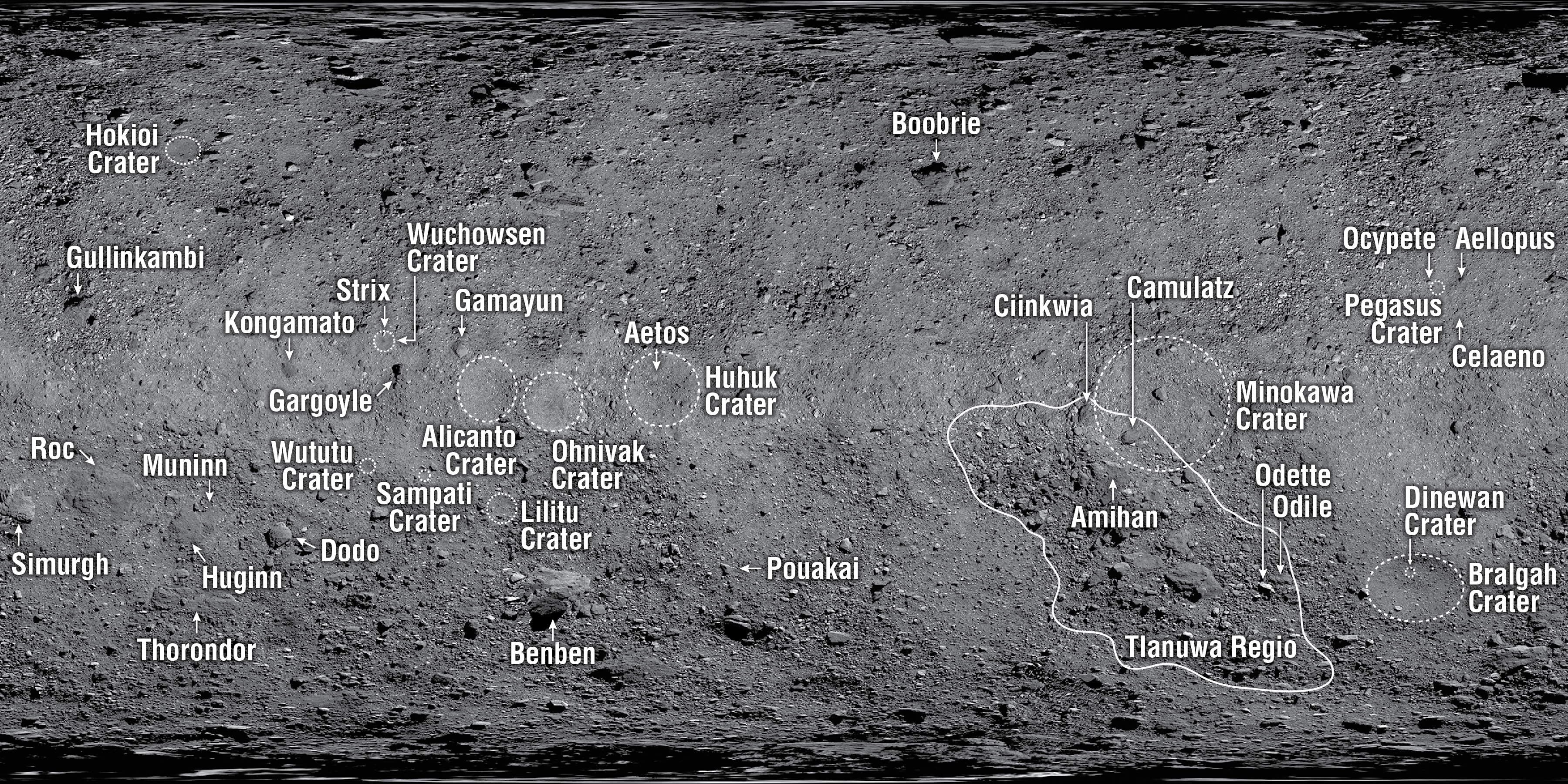 This map shows the various surface features on Bennu with names approved by the International Astronomical Union (IAU).