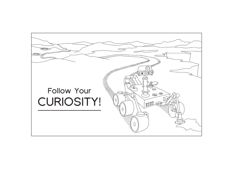 Coloring sheet showing a rover on Mars, with tire tracks trailing behind it.