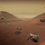 A group of silver spacecraft flying over and landing on a sandy brown surface is shown. An inflated parachute with an oval-shaped capsule below it is shown descending at the left. Sandy dunes are shown in the background.