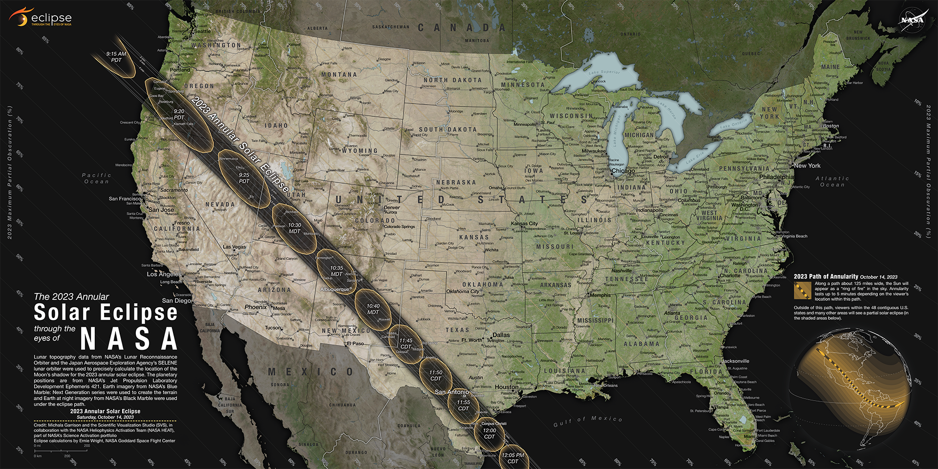 Illustrated map of the United States shows the path of the 2023 eclipse. The path crosses from Oregon down through Texas, exiting over the ocean.