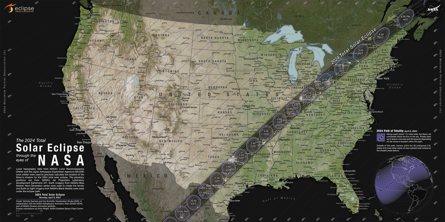 Gerhana matahari total akan terlihat di sepanjang jalur sempit yang membentang dari Texas hingga Maine pada 8 April 2024. Gerhana sebagian akan terlihat di 48 negara bagian AS yang berdekatan. Ingin mengunduh peta ini dan melihat versi lainnya? Kunjungi Studio Visualisasi Ilmiah NASA. Studio Visualisasi Ilmiah NASA