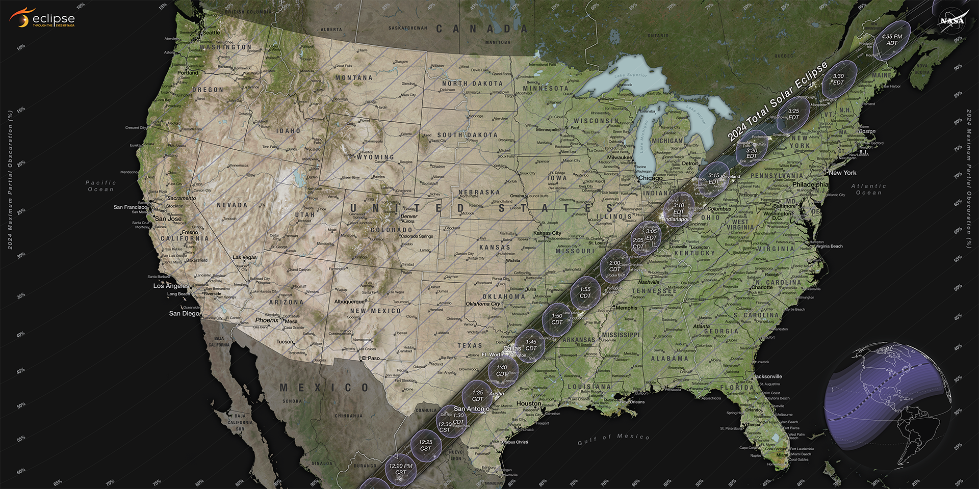 Mapa sąsiadujących Stanów Zjednoczonych pokazuje ścieżkę całkowitego zaćmienia słońca w 2024 r. rozciągającą się w wąskim paśmie od Teksasu do Maine.