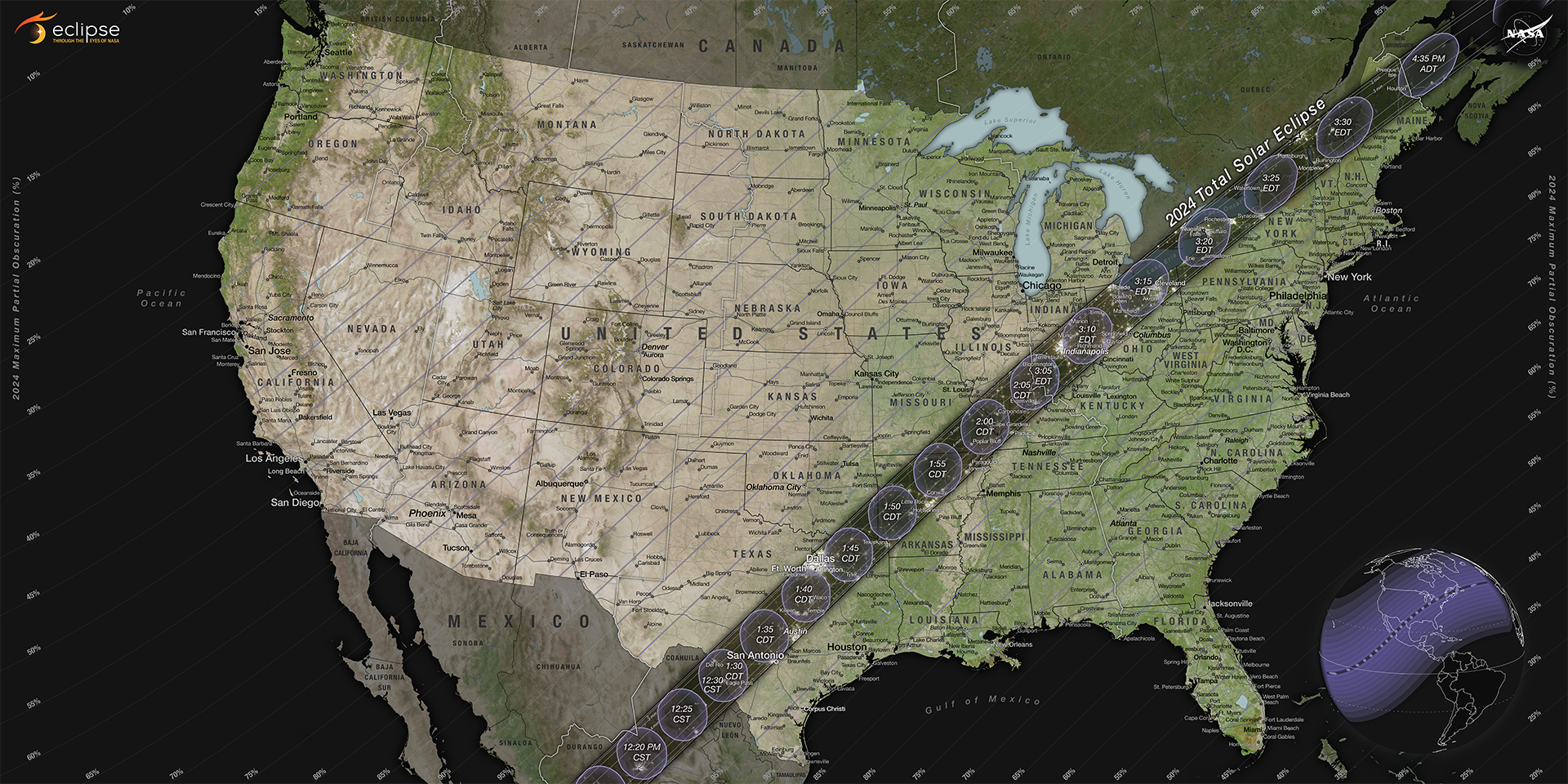 Un mapa de los Estados Unidos contiguos muestra la trayectoria del eclipse solar total de 2024 que se extenderá en una banda estrecha desde Texas hasta Maine.