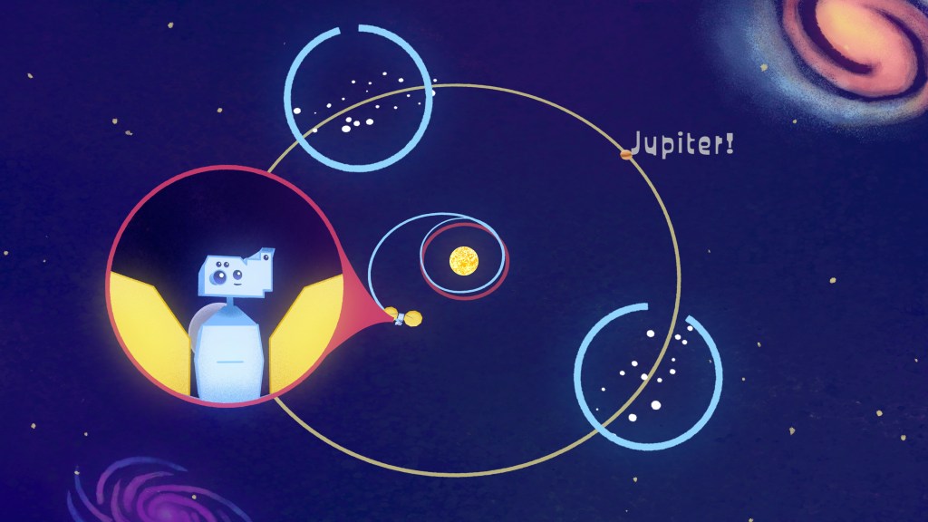 A cartoon spacecraft is shown orbiting around the Sun. Jupiter's orbit is also shown, as are the locations of the two Trojan asteroid groups.