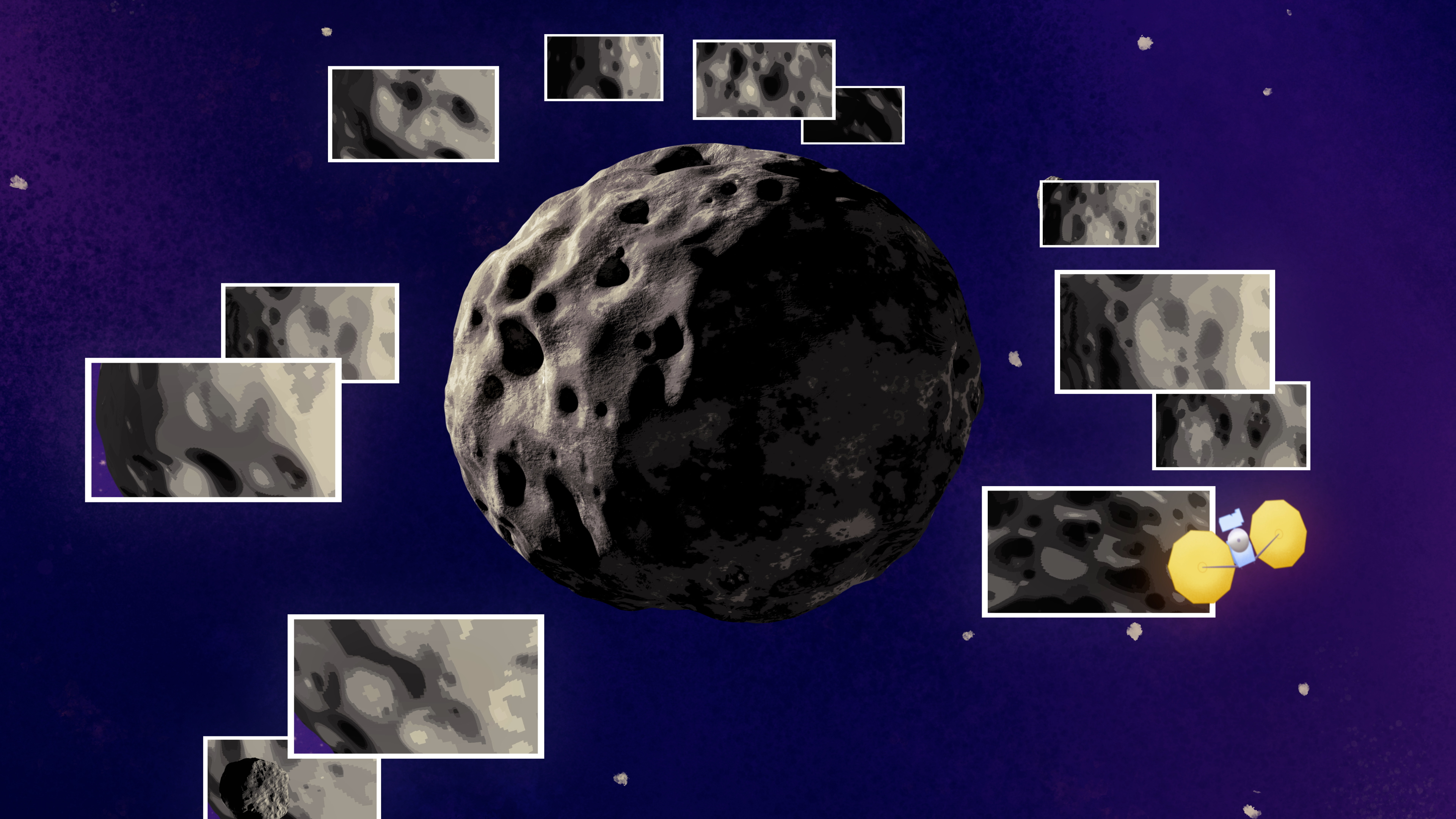An animation showing a pockmarked asteroid, with zoomed in views captured in call-out boxes encircling the asteroid.