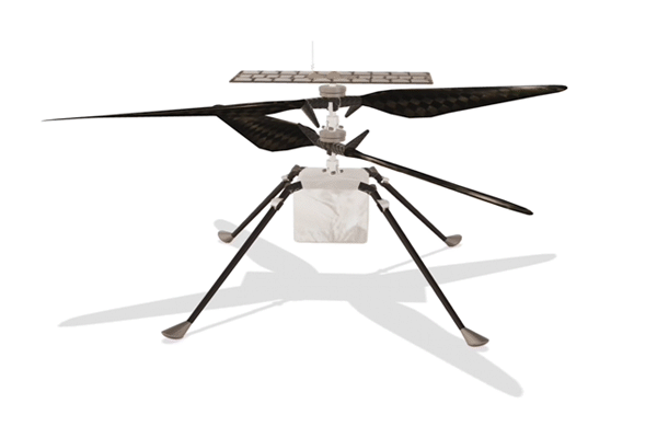 Animated image of an artist depiction of the Mars Helicopter, Ingenuity rotating in 3d.