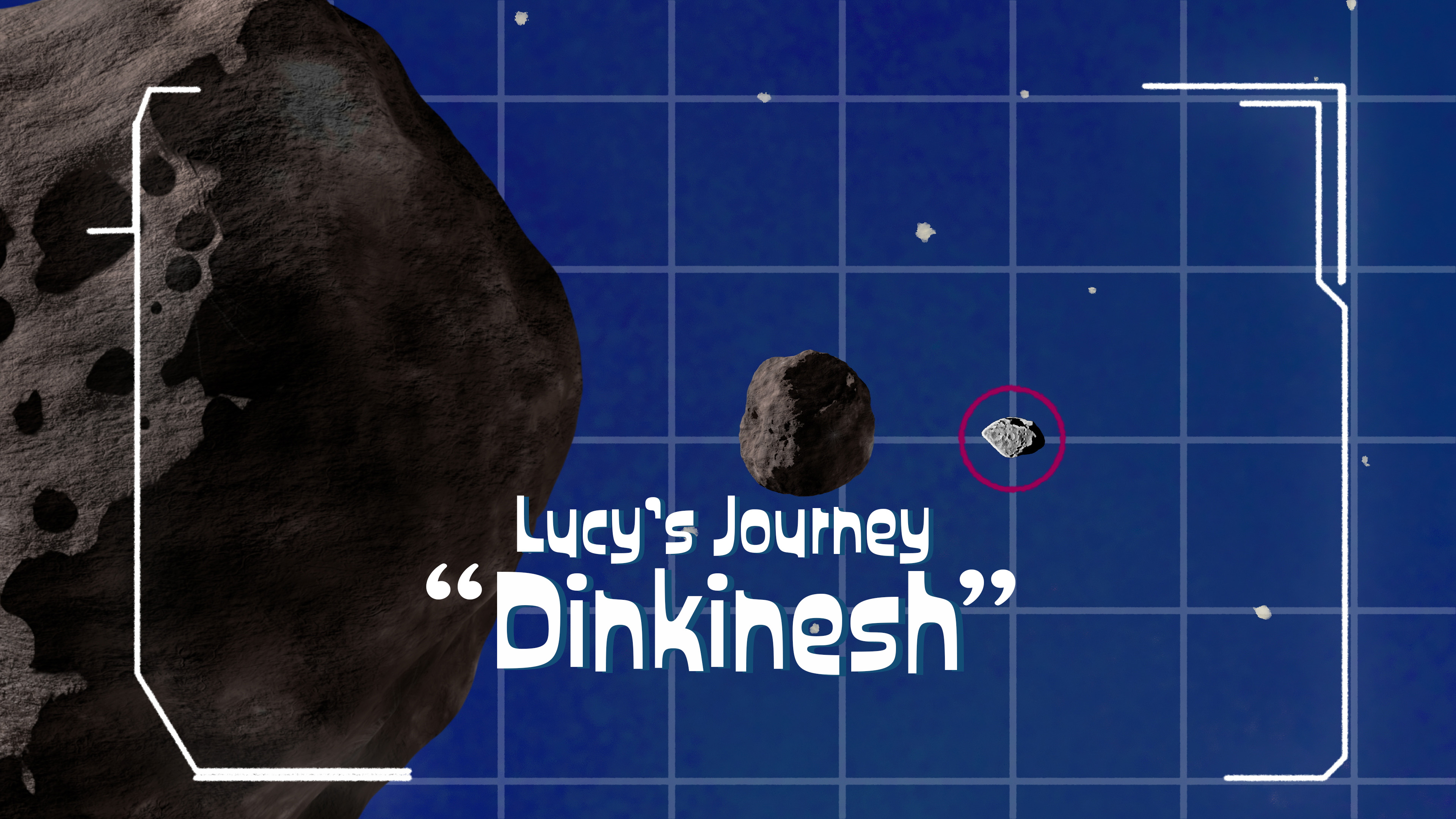 A large asteroid is shown at the left of the screen, with a smaller asteroid about a quarter of its size positioned in the middle. An even smaller asteroid is shown to the right, with a red circle around it. The text "Lucy's Journey 'Dinkinesh'" is shown beneath the middle asteroid.