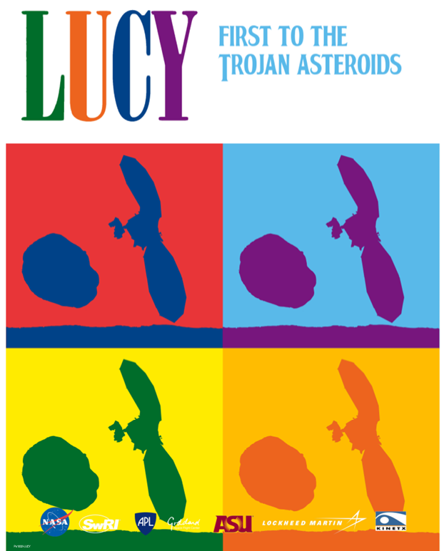 A pop art style postcard showing four squares with outlines of the Lucy spacecraft and an asteroid.