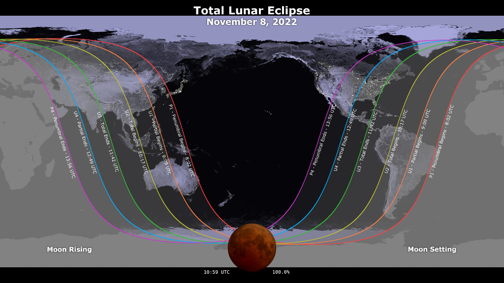 A map showing where the November 8, 2022 lunar eclipse is visible. Contours mark the edge of the visibility region at eclipse contact times. The map is centered on 168°57'W, the sublunar longitude at mid-eclipse.