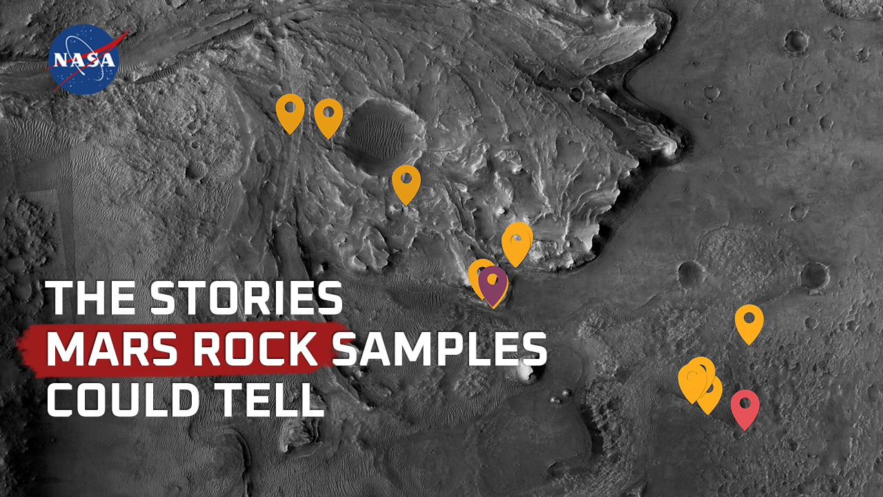 A grey textured surface is shown with 13 different location pins dropped throughout. The text "THE STORIES MARS ROCK SAMPLES COULD TELL" is overlain on the surface.