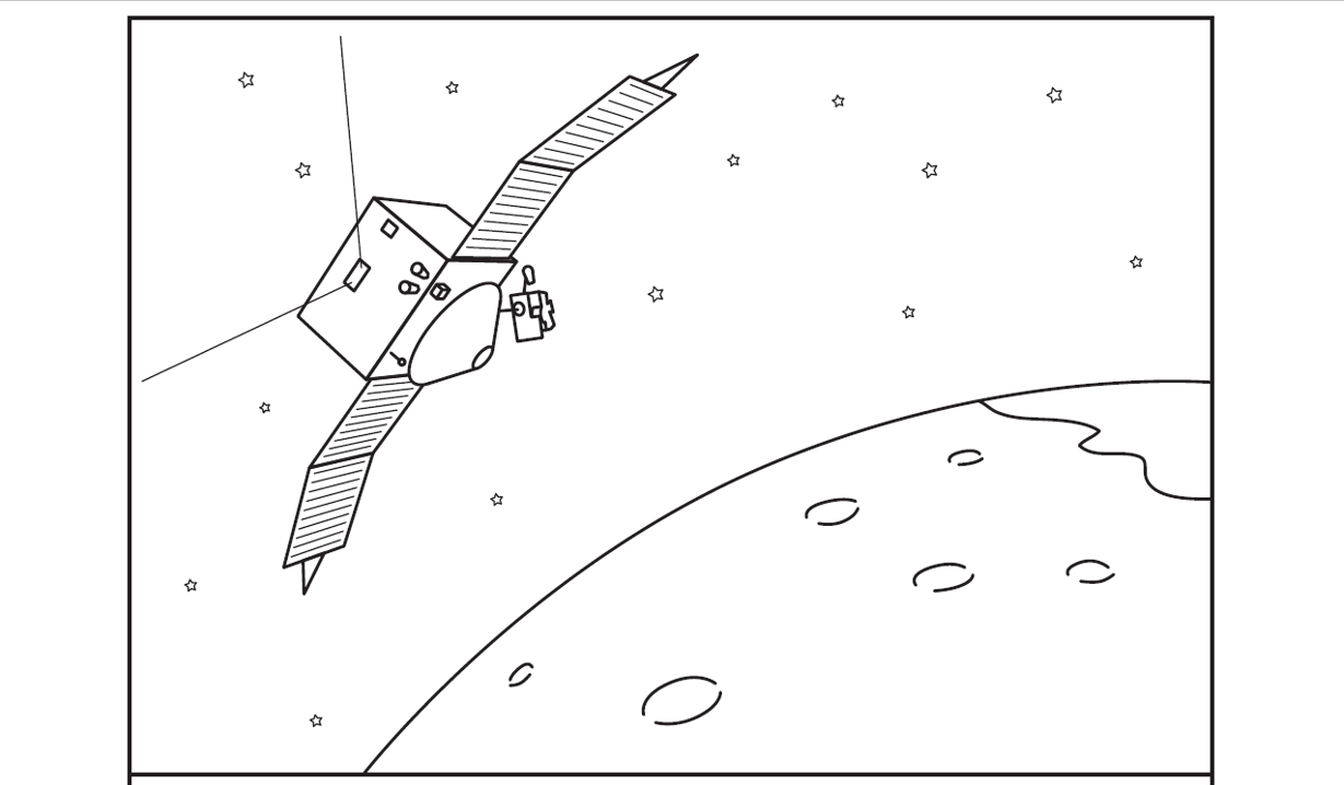 Coloring sheet showing a spacecraft orbiting above a planet's surface.