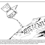 Line drawing of OSIRIS-REx spacecraft with sample arm extended to asteroid Bennu