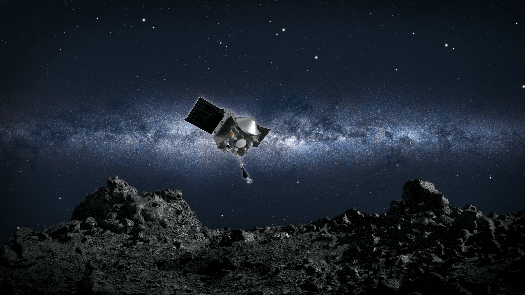 Illustration of spacecraft with sample arm extended as it reaches toward the rocky surface of the asteroid