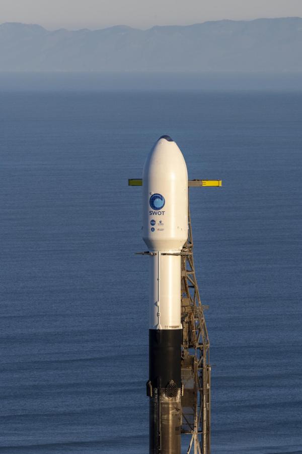 SpaceX's Falcon 9 rocket with the Surface Water and Ocean Topography satellite atop at the launch pad at Vandenberg Space Force Base in California.