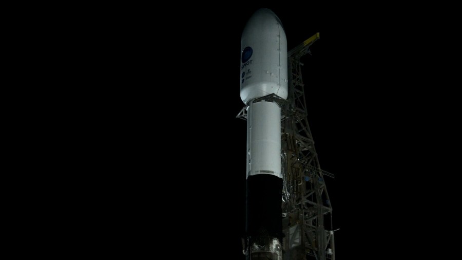 The SpaceX Falcon 9 rocket, with the Surface Water and Ocean Topography (SWOT) satellite atop, stands poised for liftoff at Space Launch Complex-4 East at Vandenberg Space Force Base in California on Dec. 16, 2022.