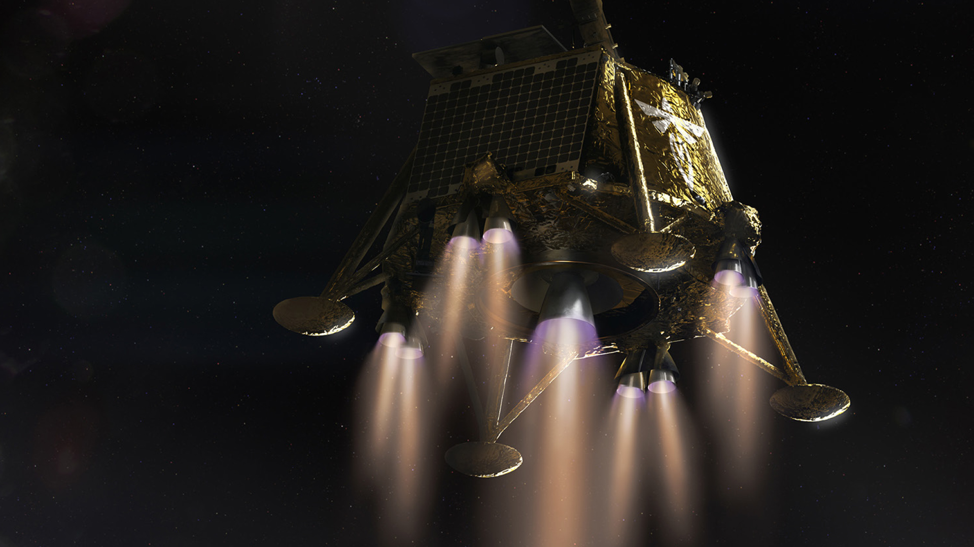 A rendering of Firefly's Blue Ghost 1 lunar lander descending to the surface of the Moon. The thrusters are firing.