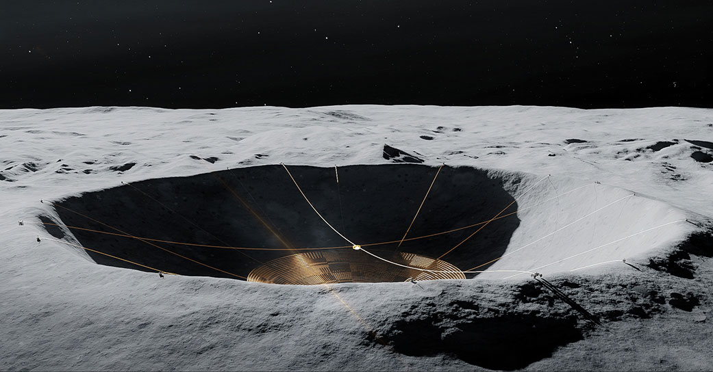 A rendering of a science station satellite dish inside of a crater on the lunar surface.