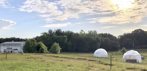 Picture of the outdoor Gamma ray Neutron Test Facility (GNTF) showing 2 experimental domes and the control building.