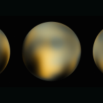 Three views of Pluto. Three mottled circles in colors of yellow, grey, rusty-orange, and black.