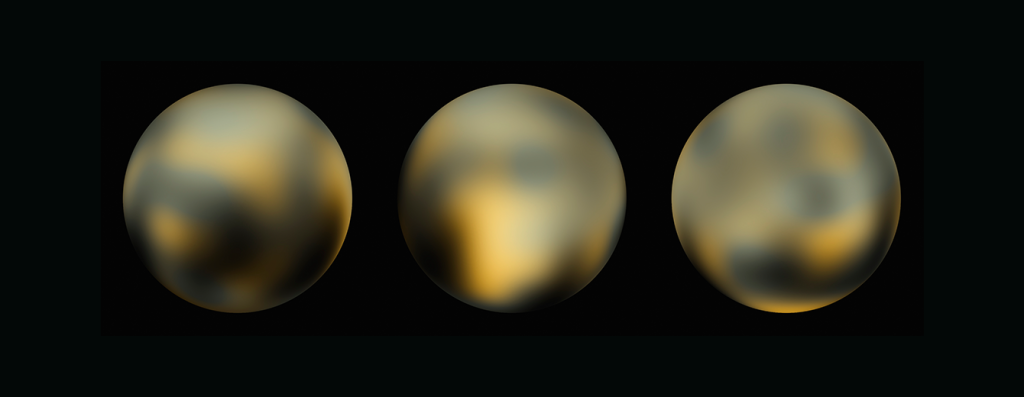 Three views of Pluto. Three mottled circles in colors of yellow, grey, rusty-orange, and black.