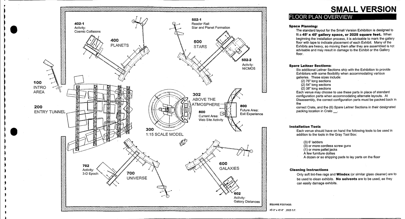 An engineering diagram of the traveling exhibit layer out in the standard square formation, as seen from the top down