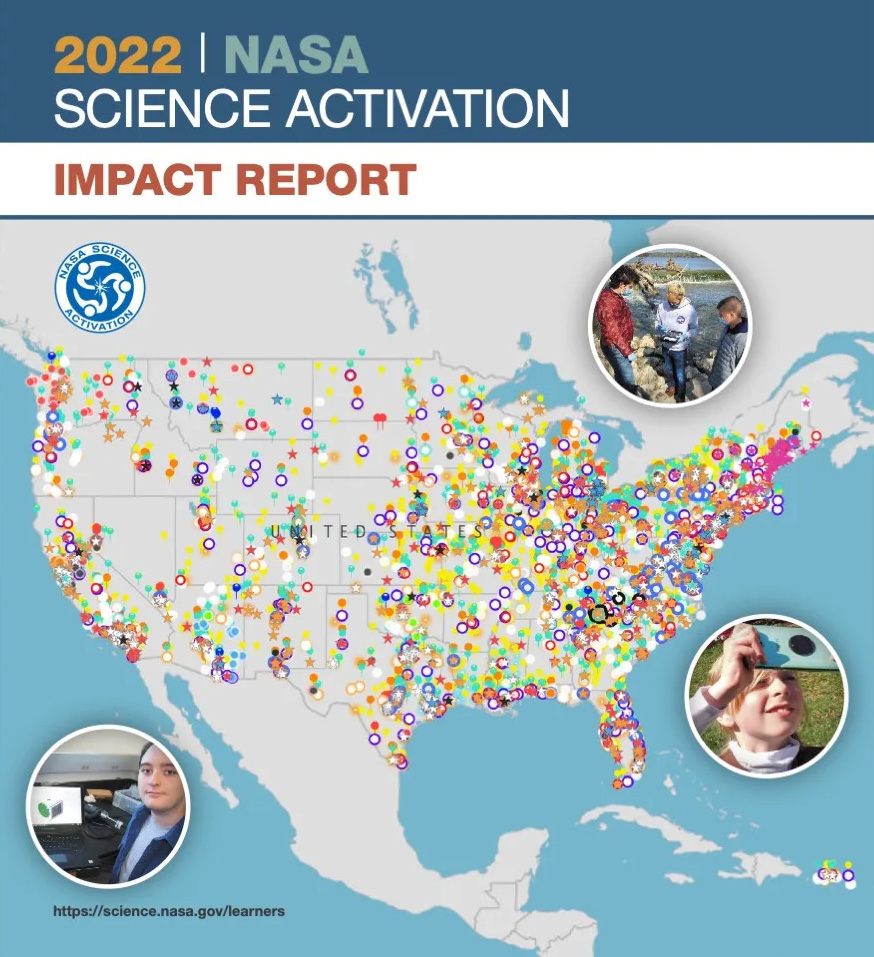 A report cover page with the title 2022 NASA Science Activation Impact Report. Below the title is an illustrated map of the United States with hundreds of colored icon pins marking locations. There are three circled photos