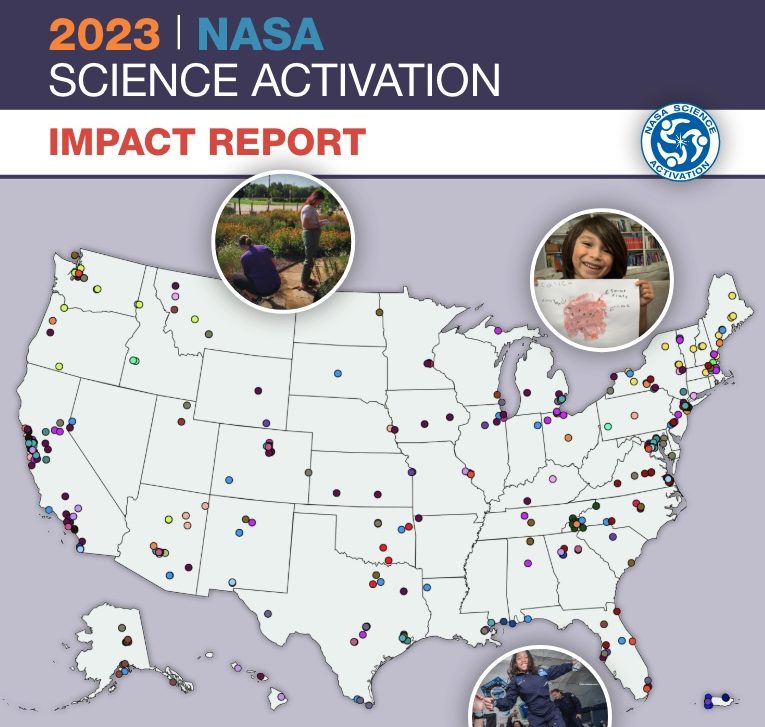 A report cover page with the title 2023 NASA Science Activation Impact Report. Below the title is an illustrated map of the United States with hundreds of colored icon pins marking locations. There are three circled photos highlighting students participating in various educational activities.