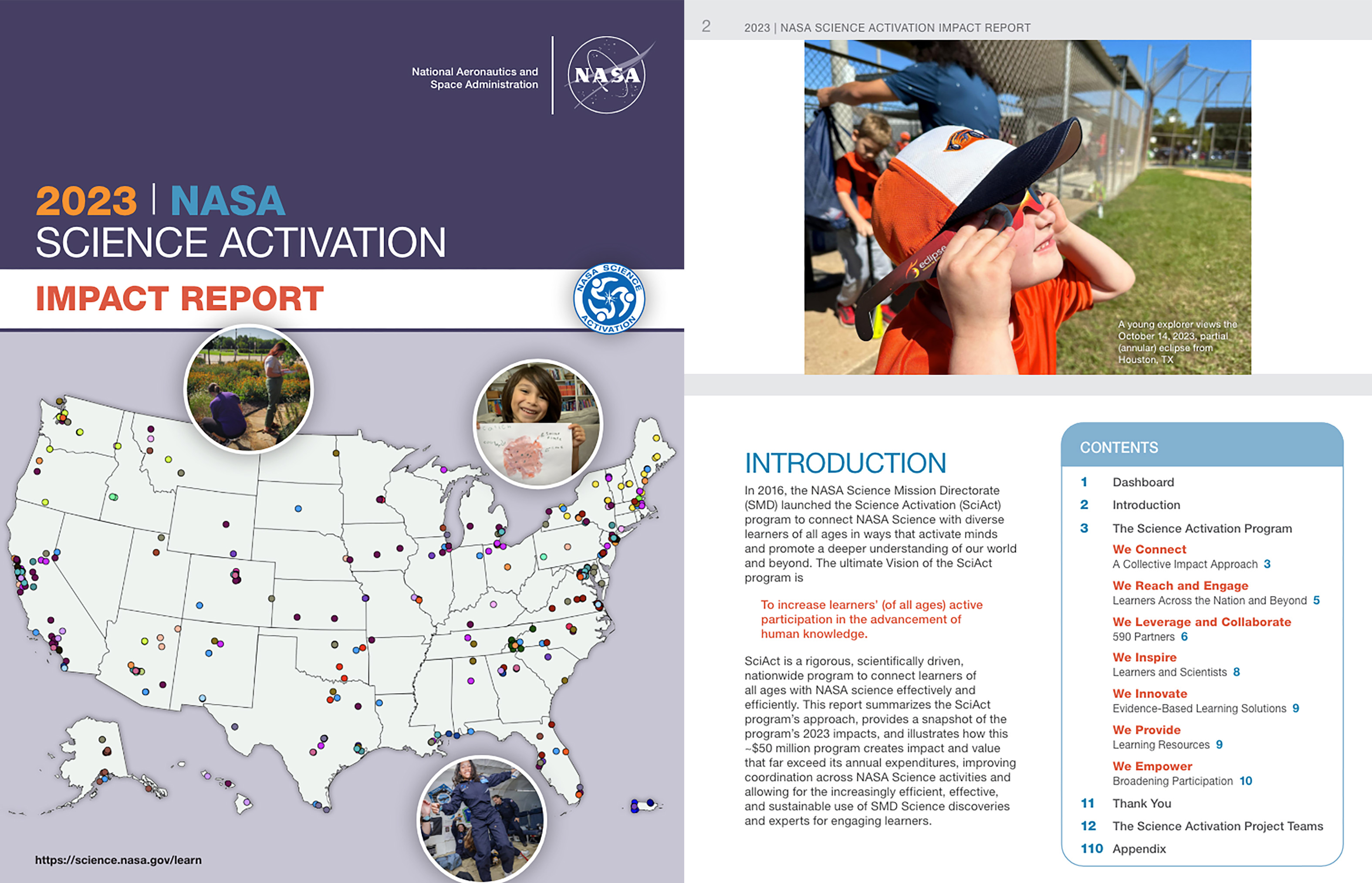 A report cover page with the title 2023 NASA Science Activation Impact Report. Below the title is an illustrated map of the United States with hundreds of colored icon pins marking locations. There are three circled photos highlighting students participating in various educational activities.
