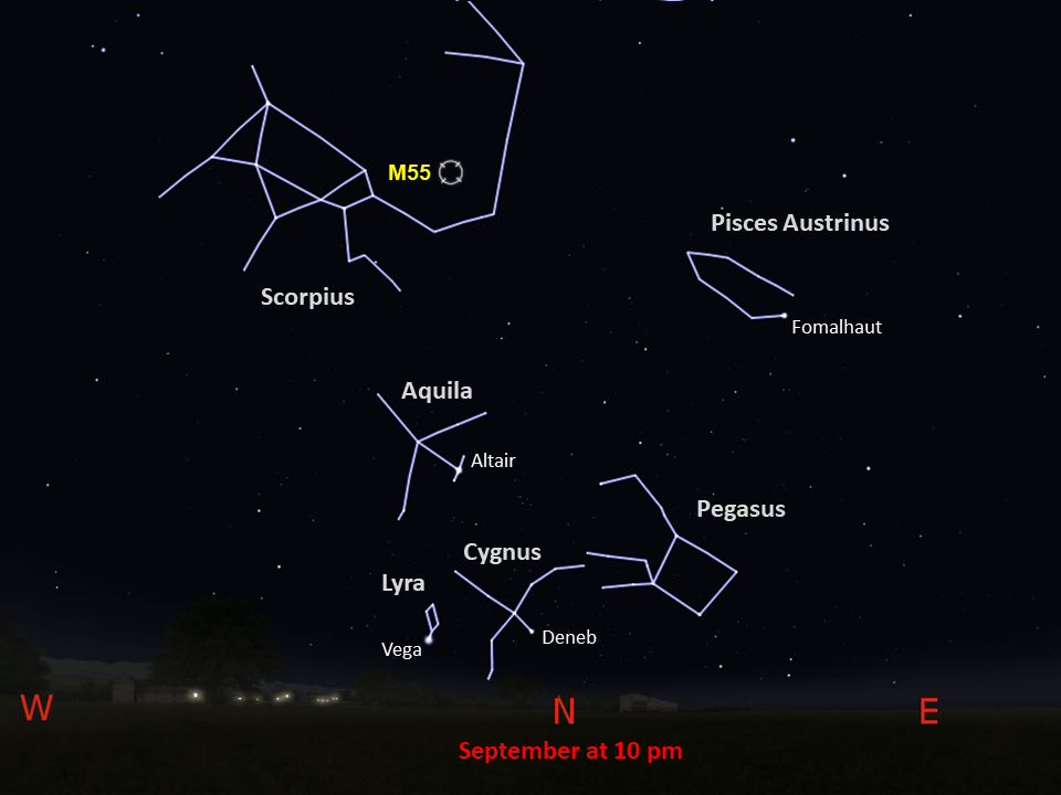 A starchart that shows the location of M55 in the constellation Sagittarius above the northern horizon in September at 10 pm.