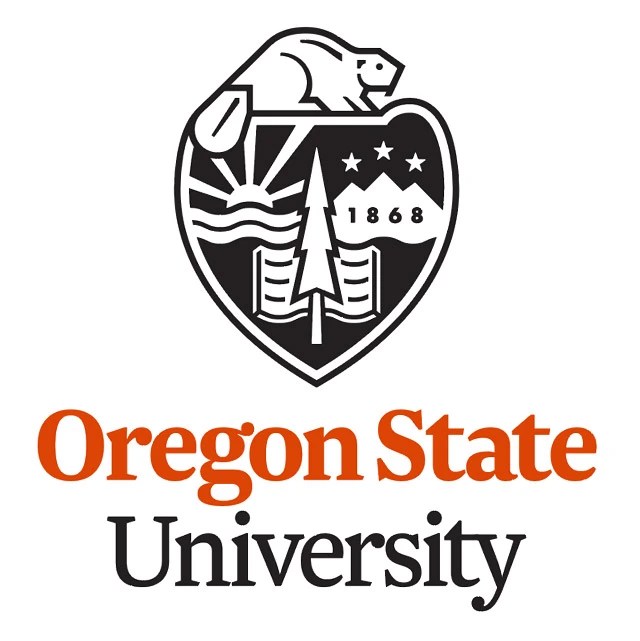 White logo with a black state symbol and the words Oregon State in orange and the word University in black
