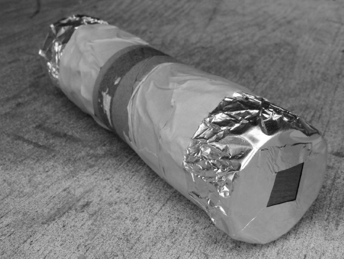 An image of a cardboard paper towel tube wrapped in tinfoil.