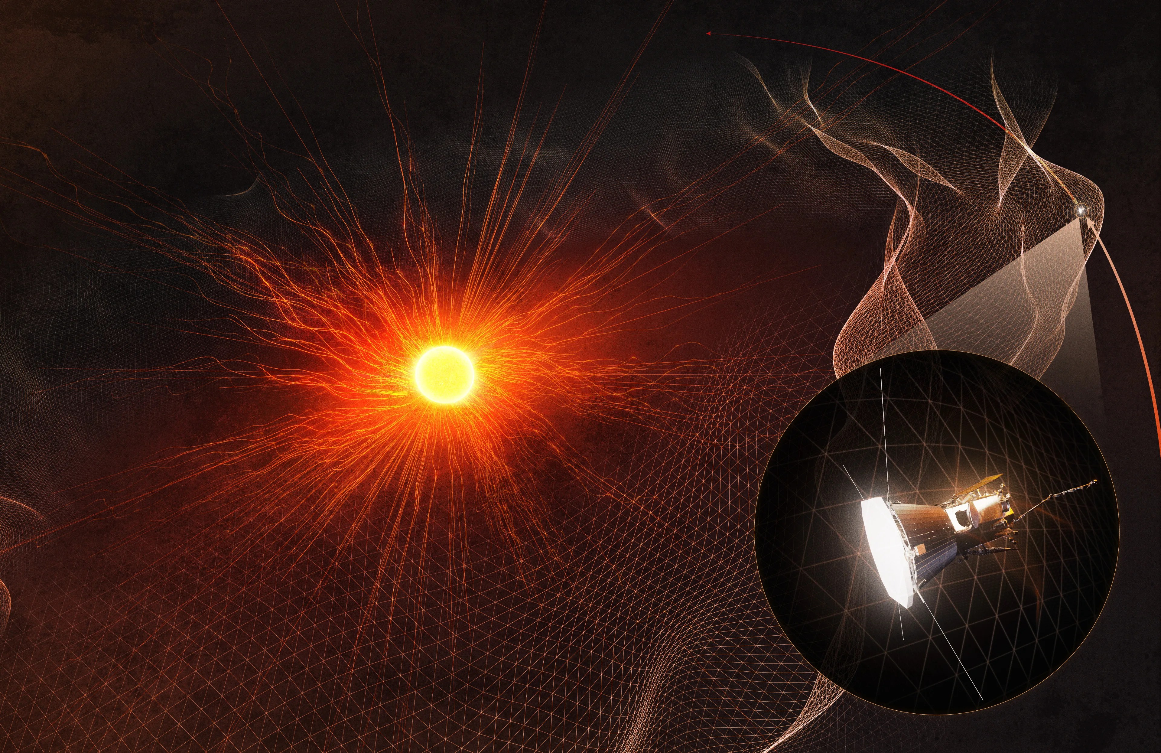 Illustration of The Sun in the background with an inset of Parker Solar Probe in bottom right corner