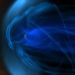An illustration. On the left, there is the Wind spacecraft, small in a cloud of dark orange. On the right, there is the Earth, surrounding by a bubble of blue, with lines stretching toward the right.
