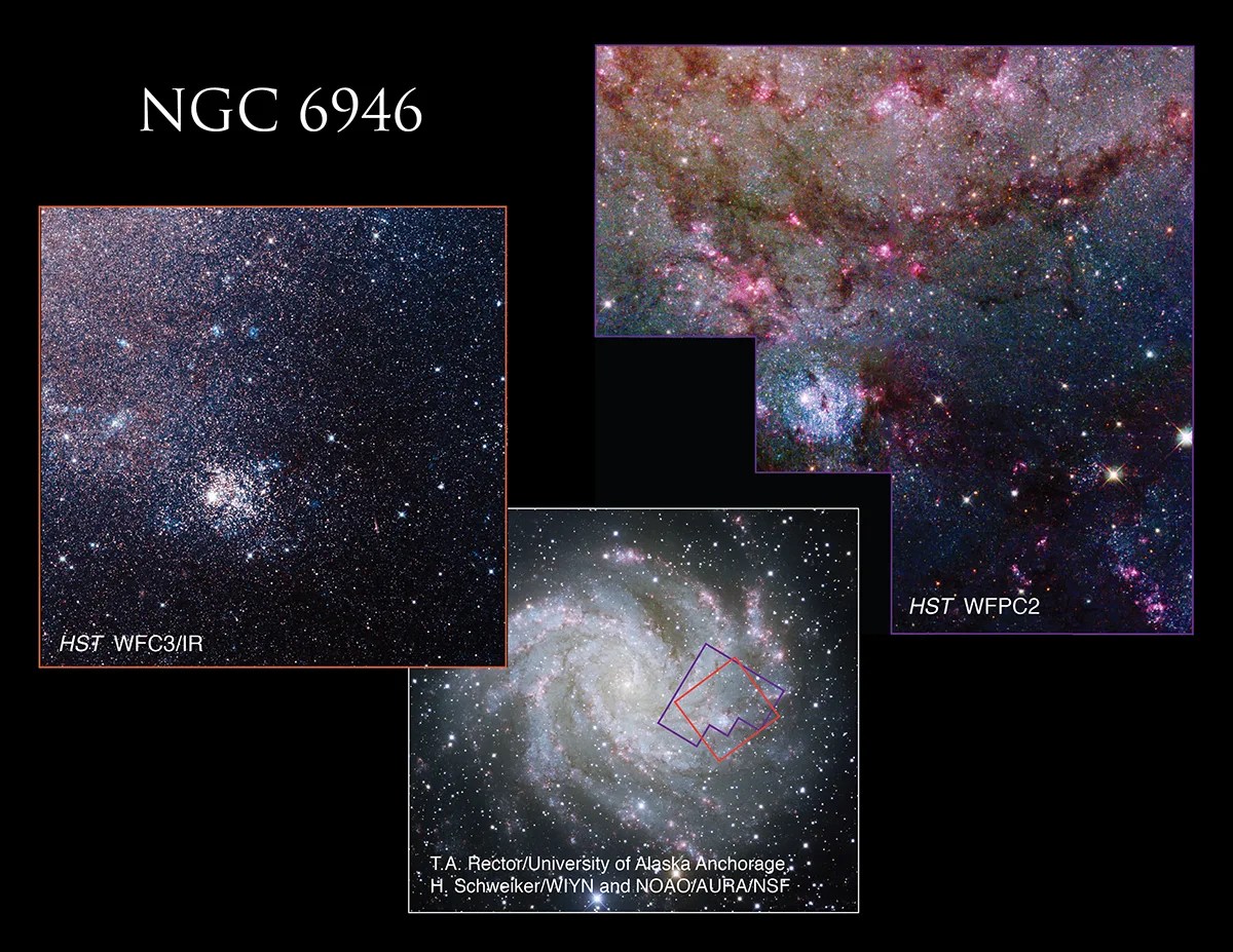 Different shots of the same galaxy, from ground based telescopes, which show the entirety of its spiral, to closer up shots from Hubble, featuring dust and gas.
