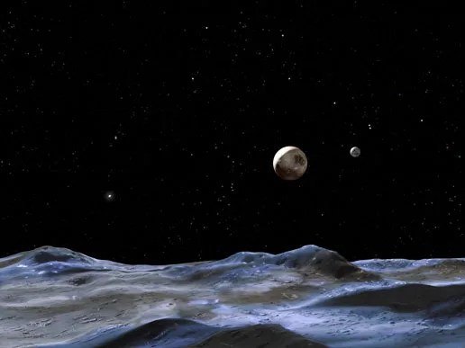 This artist's concept above shows the Pluto system from the surface of one of its moons.