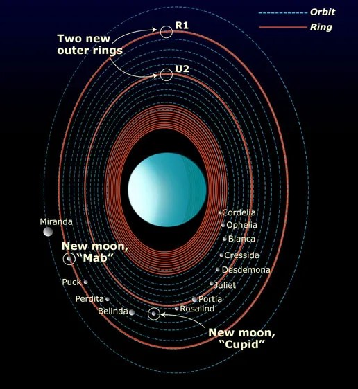 Diagram showing Uranus in the center and the paths of its rings and moons around the planet.