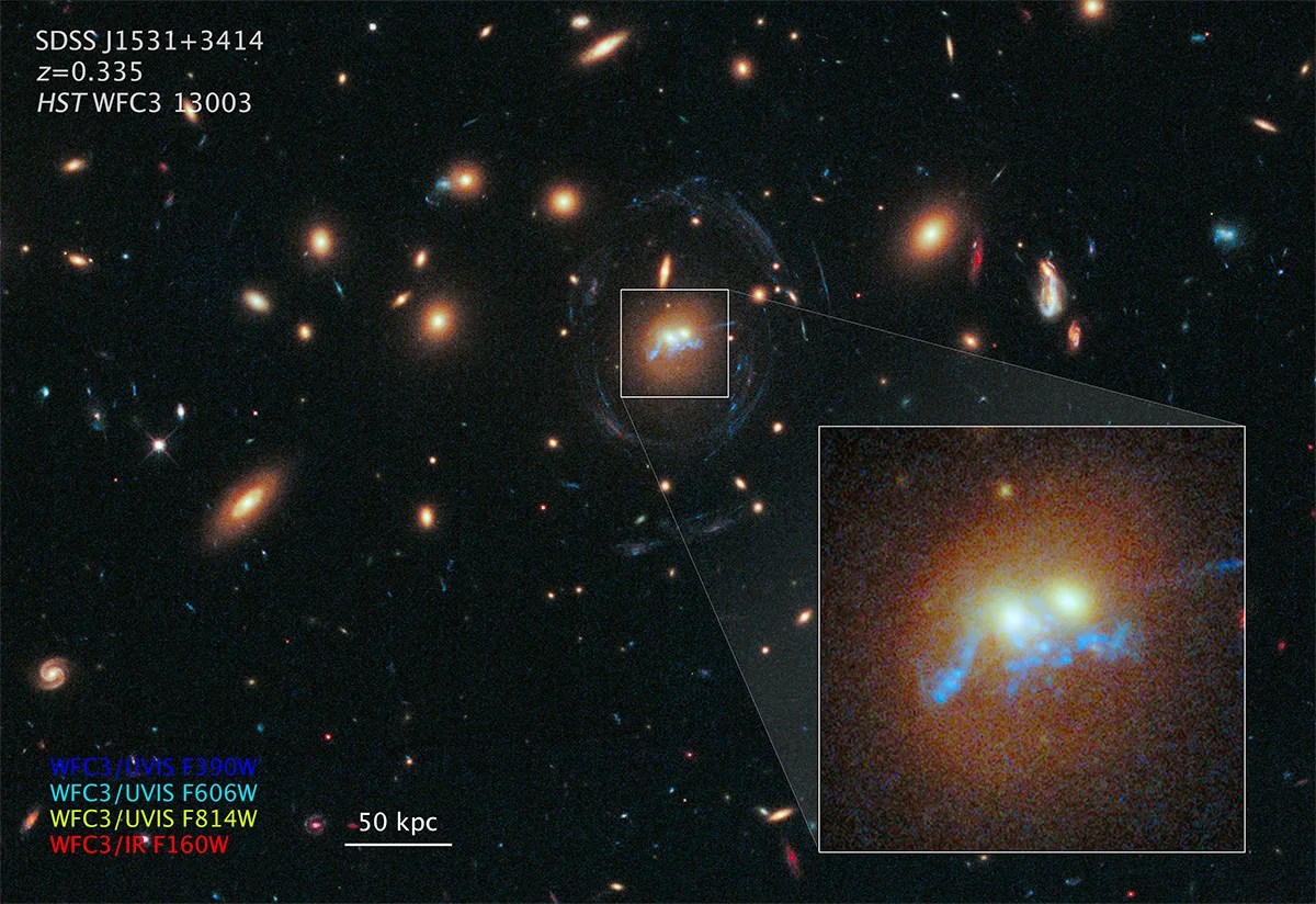 A cluster of reddish-white galaxies. An inset image provides a closer look at one of them, which is being gravitationally lensed.