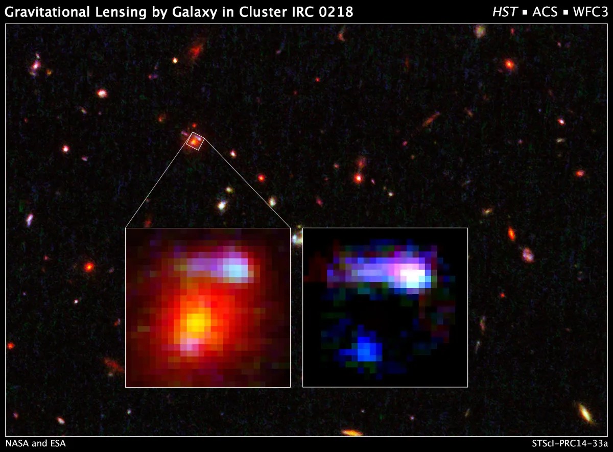 Two inset images showing how one galaxy in a cluster is being gravitationally lensed.