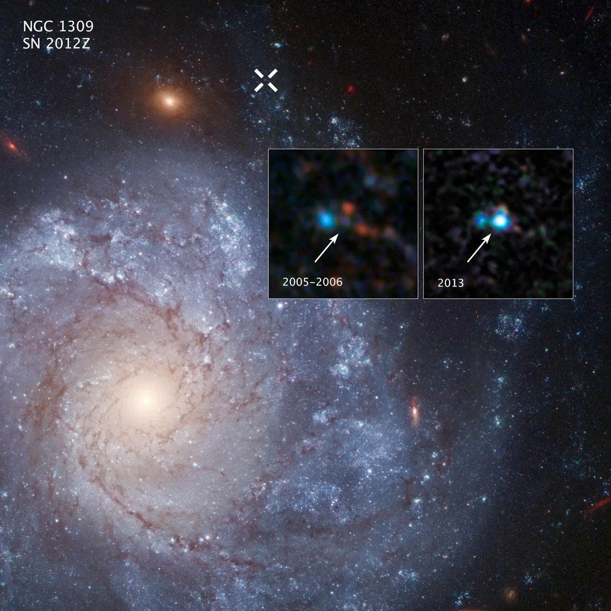 A blue-white spiral galaxy with pinkish-brown arms of gas and dust, showing two inset images comparing a supernova in 2005-2006 and 2013.
