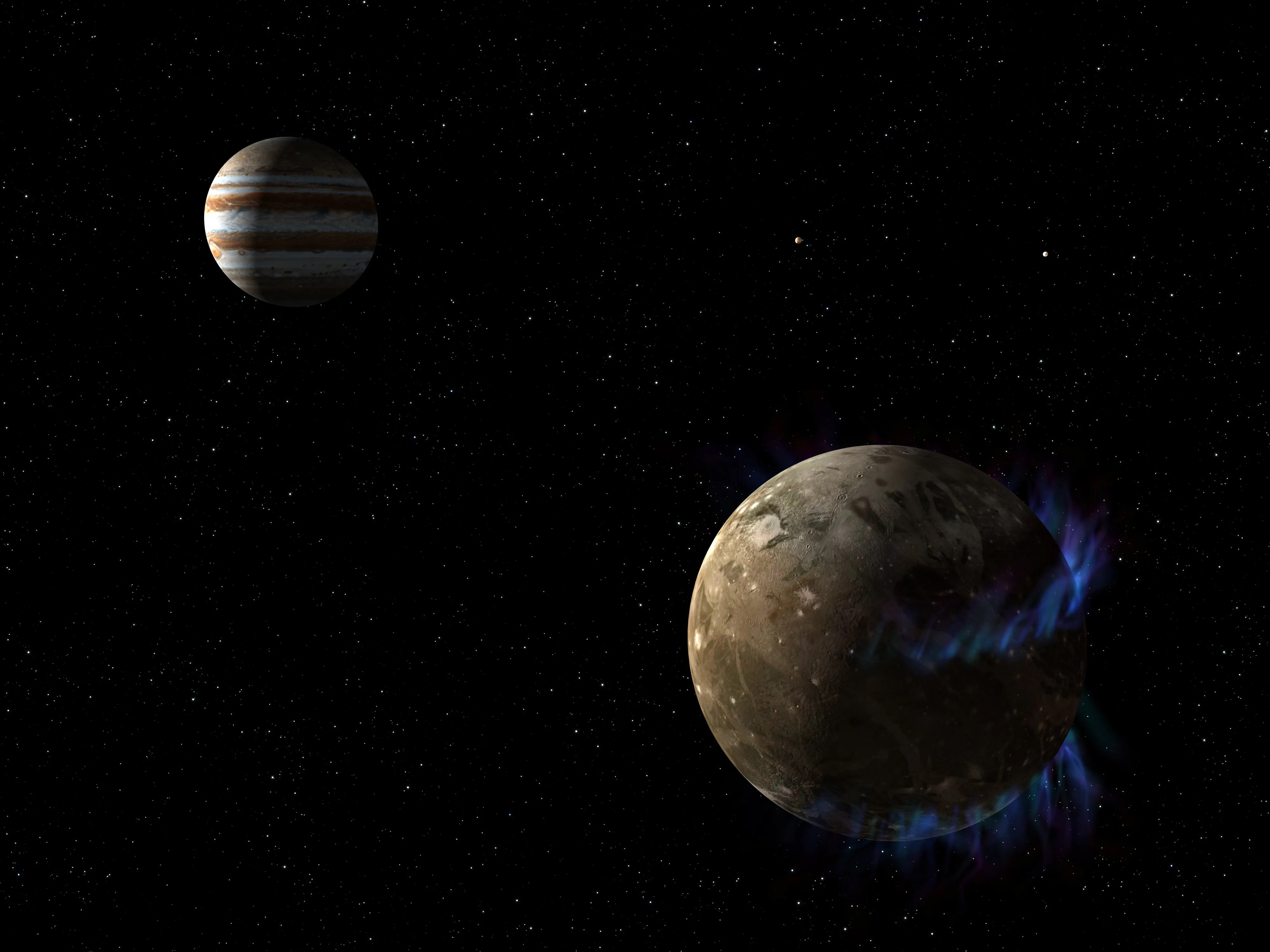 Artist concept of Ganymede and Jupiter. Spiky blue auroras flare from Ganymede's surface.