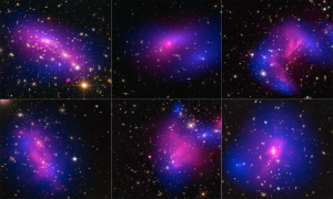 Six panels of images of galaxy clusters. Each cluster has a pink and blue glow that maps the distribution of stars and dark matter (blue) and the presence of X-ray emission from impacted gas (pink).