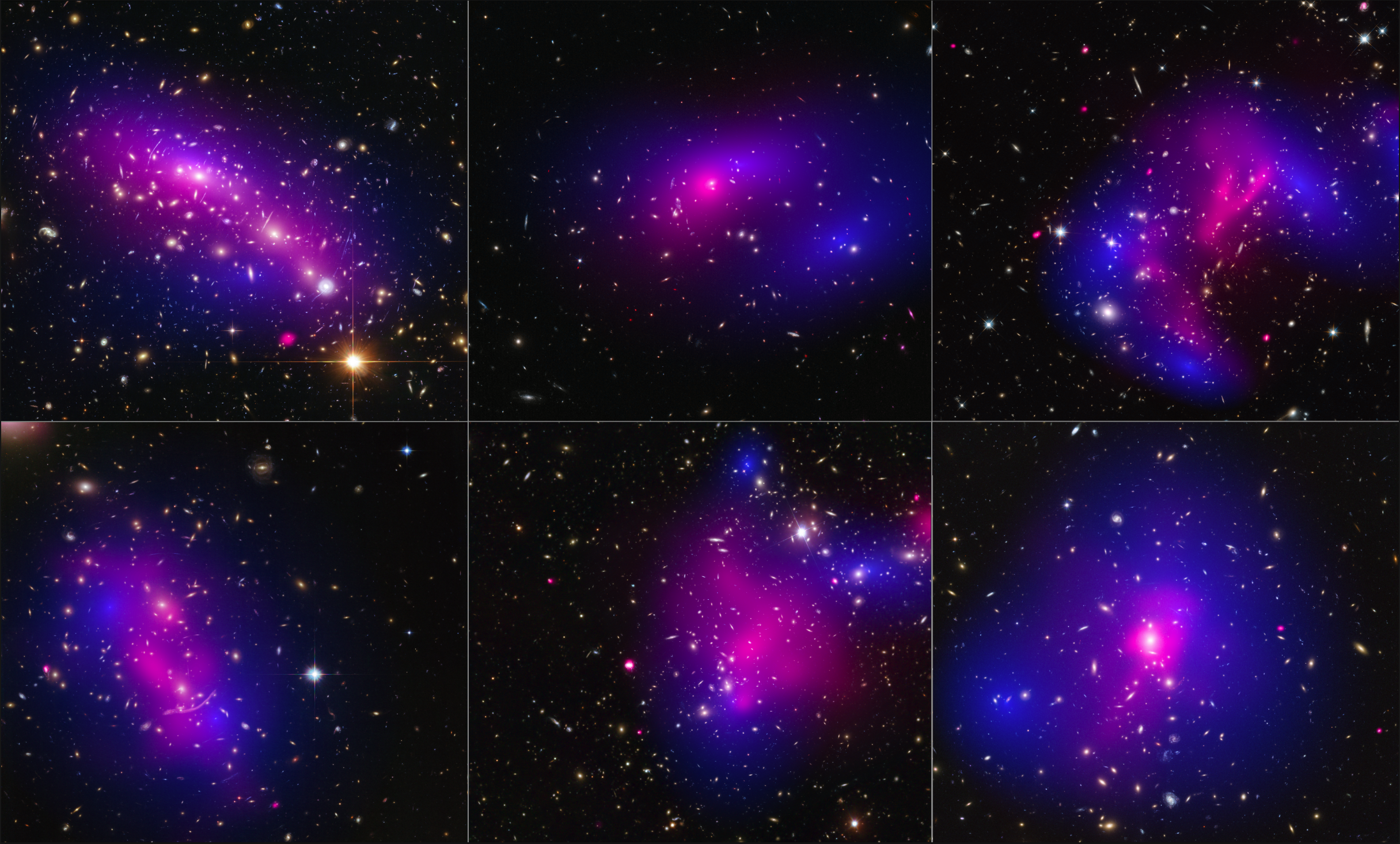 Six panels of images of galaxy clusters. Each cluster has a pink and blue glow that maps the distribution of stars and dark matter (blue) and the presence of X-ray emission from impacted gas (pink).