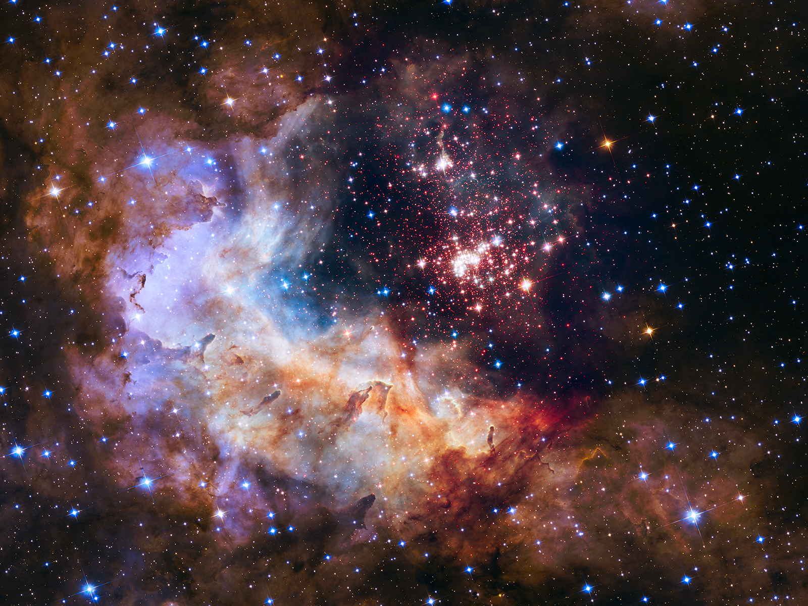 A dazzling cluster of bright stars is nestled within the hollow of a cavern of gas and dust visible in shades of orange, blue and white.
